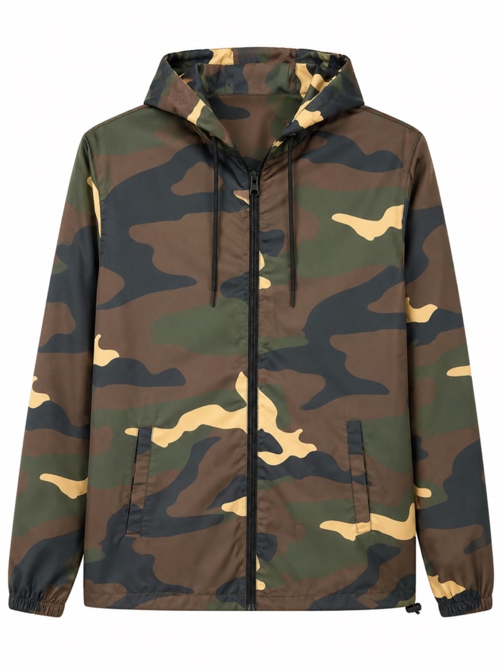 Men's Camo Zip-Up Windbreaker Hoodie - Green, Brown, Black, Yellow